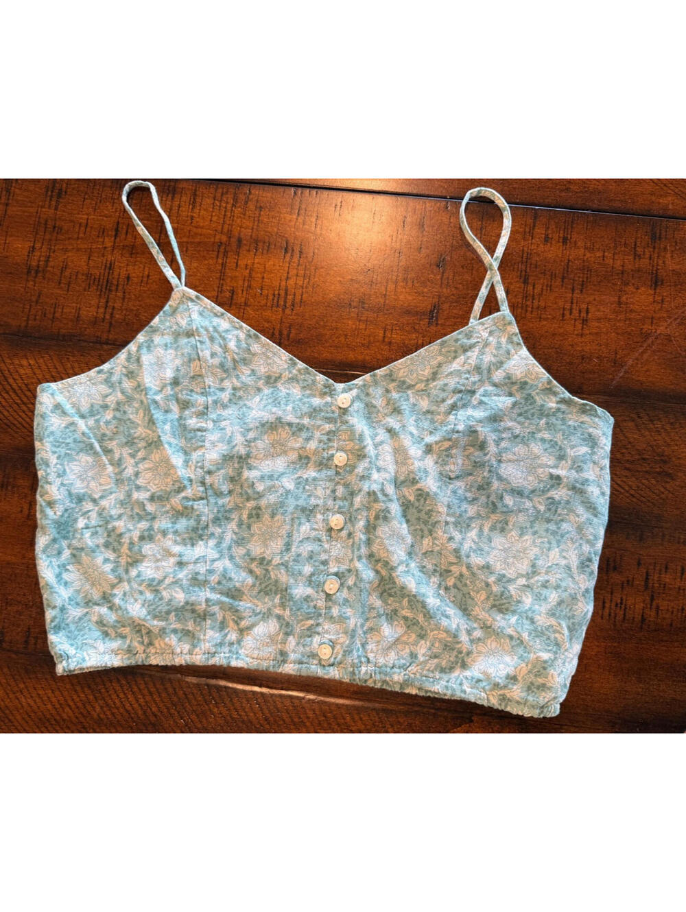 American Eagle Green & White Linen Blend Floral Print Crop Top - Size Medium
